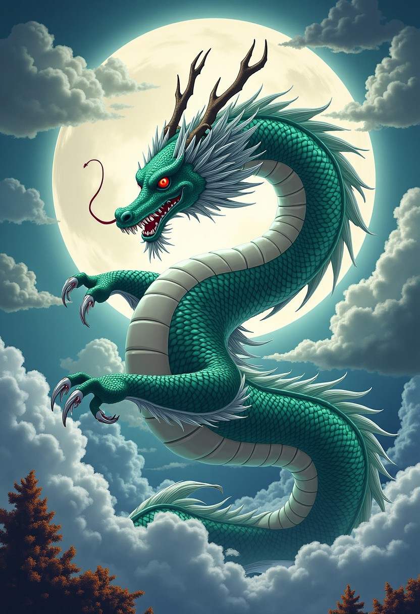 Design a legendary Japanese dragon called 'Hiryū-no-Kaze' (Wind of the Flying Dragon). Its emerald and silver scales shimmer in the moonlight, with sapphire-tipped claws and a misty mane flowing like wind. Surrounded by swirling clouds and gusts, it commands storms and winds, a powerful sky guardian, both a symbol of fortune and destruction."