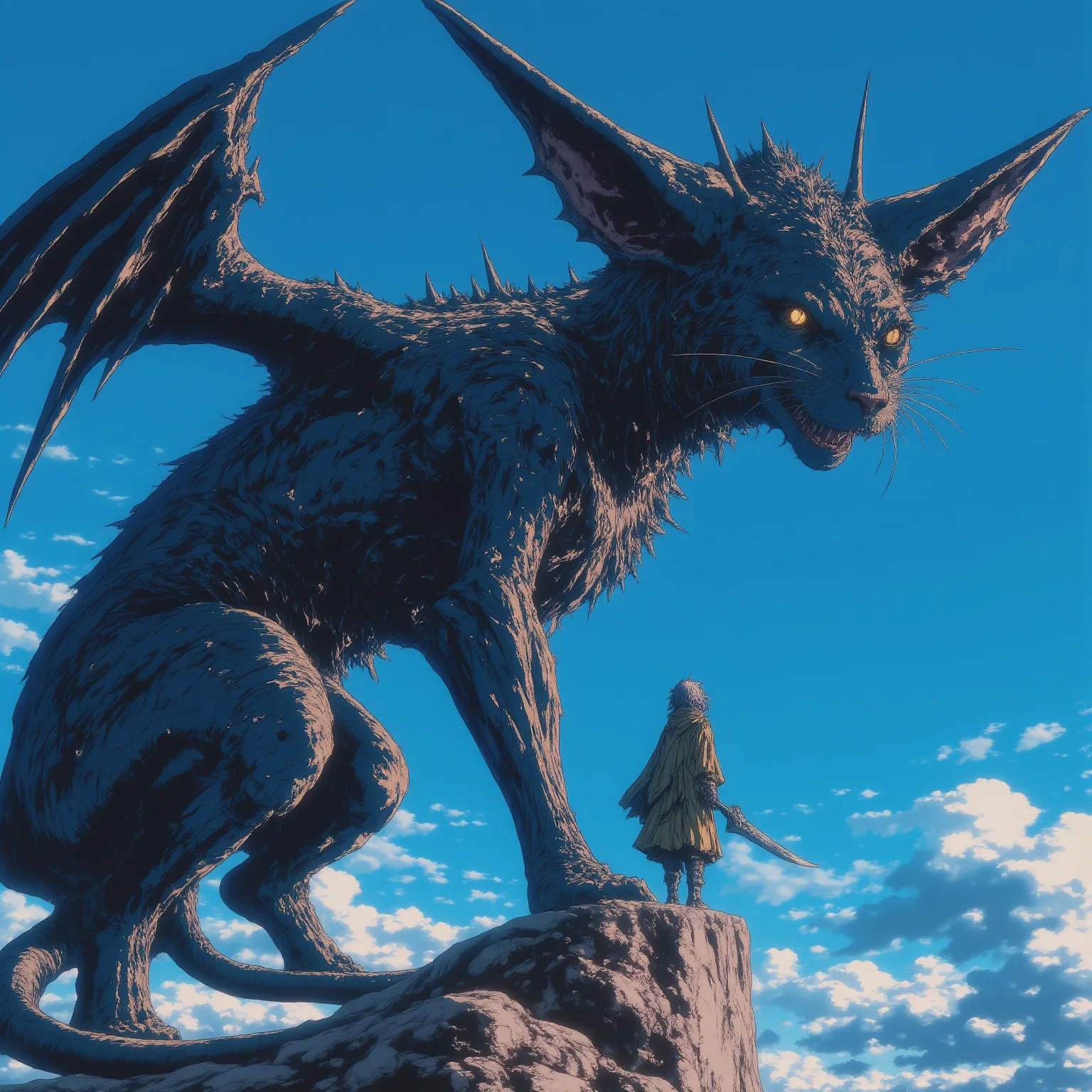 A colossal, dragon-like creature resembling a cat with one golden eye and one blue eye dominates the scene. It has large, bat-like wings and sharp spikes protruding from its body. Below it, a small, cloaked figure stands on a branch, facing the enormous creature with a sword in hand. The sky is bright blue with scattered clouds.
<lora:NeonFantasyFLUX:1>, ne0nfant4sy