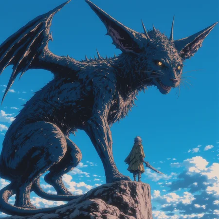 A colossal, dragon-like creature resembling a cat with one golden eye and one blue eye dominates the scene. It has large, bat-like wings and sharp spikes protruding from its body. Below it, a small, cloaked figure stands on a branch, facing the enormous creature with a sword in hand. The sky is bright blue with scattered clouds.
<lora:NeonFantasyFLUX:1>, ne0nfant4sy