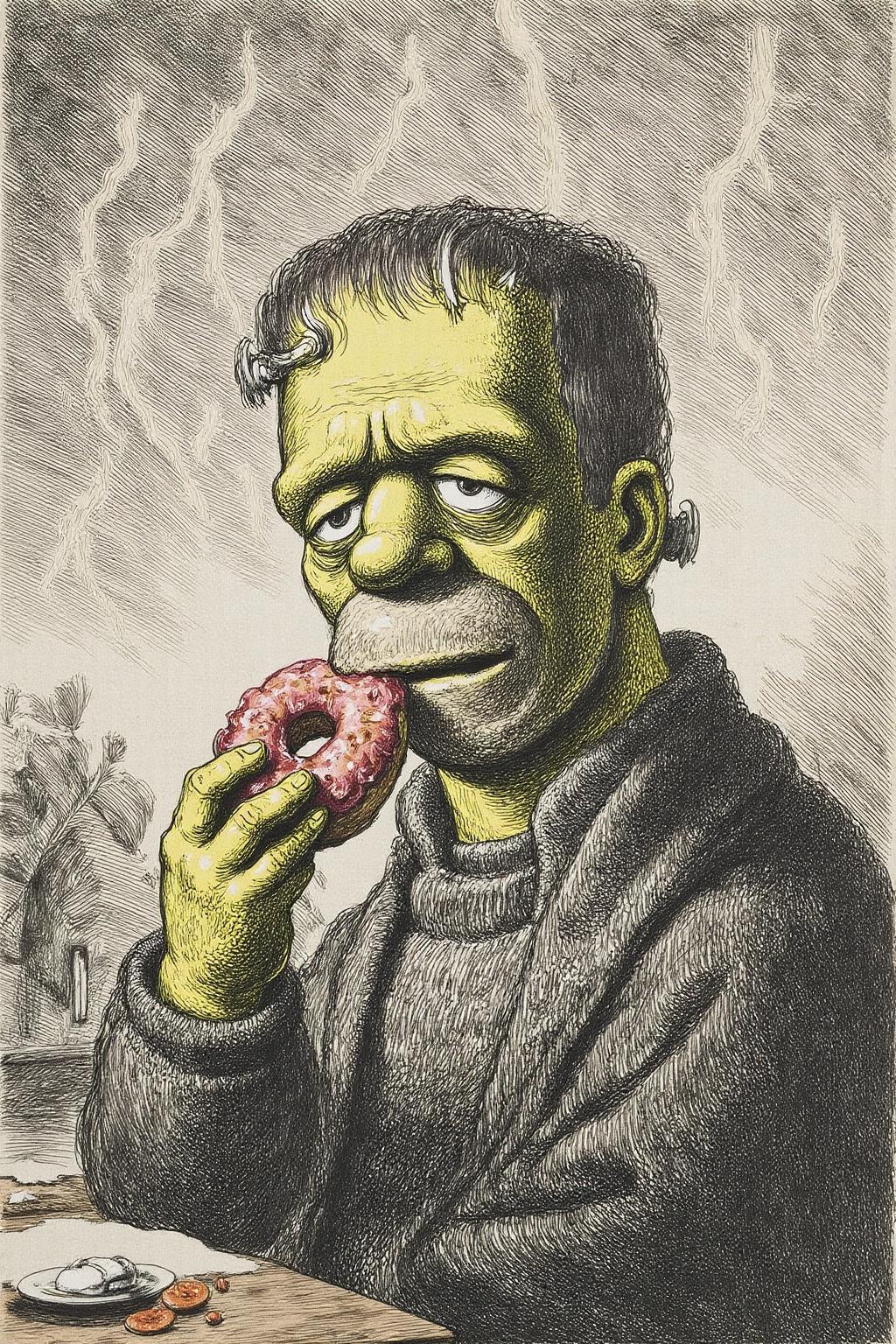 rember1 etching. 
Homer Simpson dressed as Frankenstein, eating a doughnut during a thunderstorm  <lora:rembr_etch4_cap_d6a3e11:1.0><lora:810565993823890171:0>