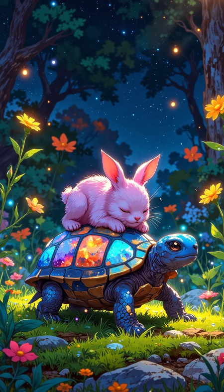 A tiny alien turtle, its shell made of prismatic, ever-shifting crystal that reflects the light in dazzling colors. Its semi-transparent body produces a soft glow. It tilts its head curiously, as it stands on a mossy grass in a lush garden. A Pink fluffy tiny alien bunny curled and asleep on top of it's shell.  The background is an alien garden filled with softly glowing plants and bokeh light specks floating like fireflies. Colorful flowers sit in the foreground and scattered through the field