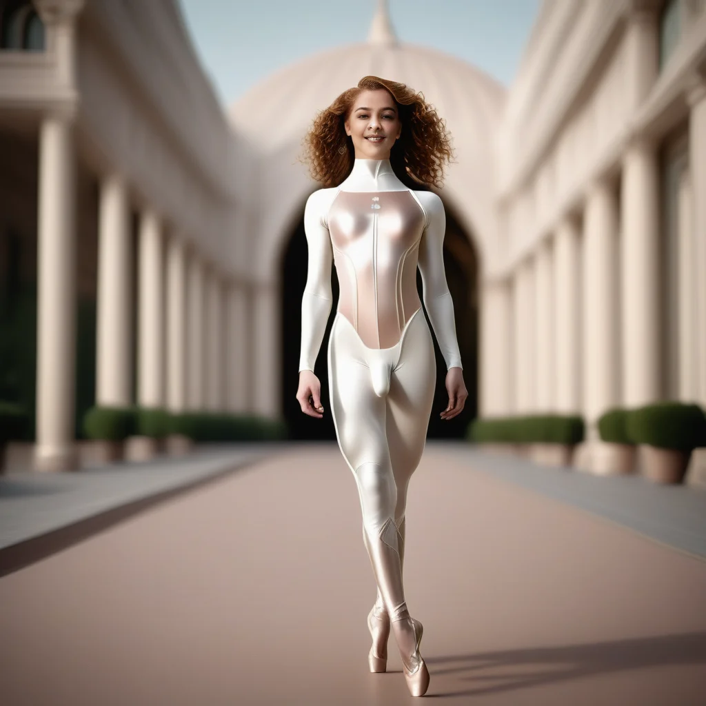 SISSY-BOY_Anet_Valence a woman in a white bodysuit walking down a hall
