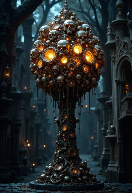 Gothicpunk lamp made of with prominent golden skulls, dark with an eerie ambiance.graveyard, ultra HD, magical realism, ultra fine details, cinematic, fantasycore, volumetric lighting, epic composition, grimdark, ,breathtaking borderland fantasycore artwork by Android Jones, Jean Baptiste monge, Alberto Seveso, James Jean, Jeremy Mann, maximalist highly detailed and intricate professional photography, a masterpiece, 8k resolution concept art