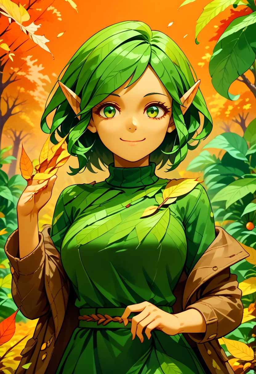 score_9, score_8_up, score_7_up,  1girl,solo, challua_wf, green hair, green eyes, pointy ears, green dress, tan skin, leaf dress, autumn, autumn leaves, white sweater,, breasts, brown coat, green skirt, closed mouth, coat, large breasts, leaf, leaf background, long sleeves, looking at viewer, medium hair, off shoulder, orange background, red eyes, red hair, ribbed sweater, skirt, smile, solo, sweater, swept bangs, turtleneck, turtleneck sweater, upper body, waving, WORLD MORPH LEAVES, DEAD LEAVES, Freebo_alloy