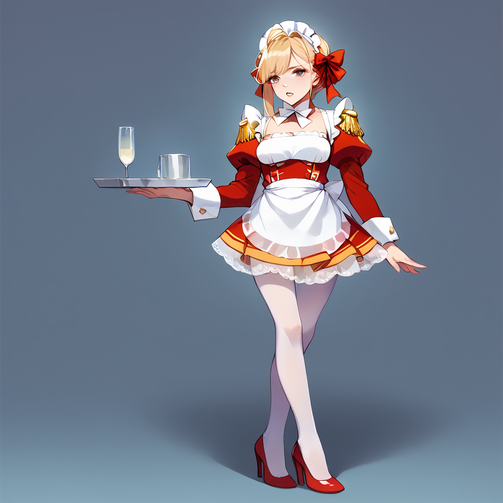 score_9, score_8_up, score_7_up, best quality, masterpiece, source_anime,  BREAK
1girl, , blonde hair, maid, maid headdress, apron, dress, pantyhose, long sleeves, epaulettes, puffy sleeves, d dress, frills, arm support, ribbon, high heels, parted lips, indoor
 <lora:Neromaid:1> <lora:Anime Style 2 SDXL_LoRA_Pony Diffusion V6 XL:1>