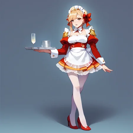 score_9, score_8_up, score_7_up, best quality, masterpiece, source_anime,  BREAK
1girl, , blonde hair, maid, maid headdress, apron, dress, pantyhose, long sleeves, epaulettes, puffy sleeves, d dress, frills, arm support, ribbon, high heels, parted lips, indoor
 <lora:Neromaid:1> <lora:Anime Style 2 SDXL_LoRA_Pony Diffusion V6 XL:1>