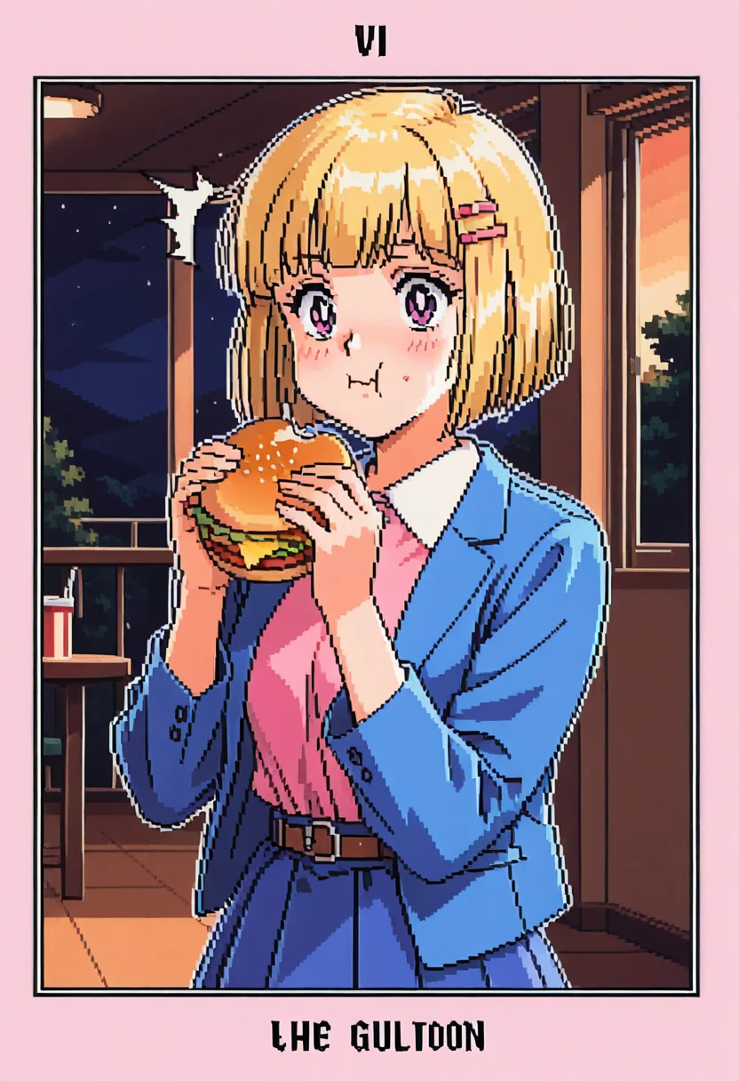 <lora:tomoyo3:0.8>(solo,t0m0y0,short hair,blunt bangs,blonde hair,hairclip,pink shirt,collared shirt,belt,blue skirt,blue jacket,eating burger,puffy cheeks,surprised,embarrassed,looking at viewer,wide-eyed,retro artstyle,pixel art),(taro, tarot, "the glutton", vi, full color:1.2)<lora:Tarot:0.9> very awa, masterpiece, best quality, amazing quality, very aesthetic, absurdres, sensitive, newest <lora:spo_sdxl_10ep_4k-data_lora_webui:0.7>,