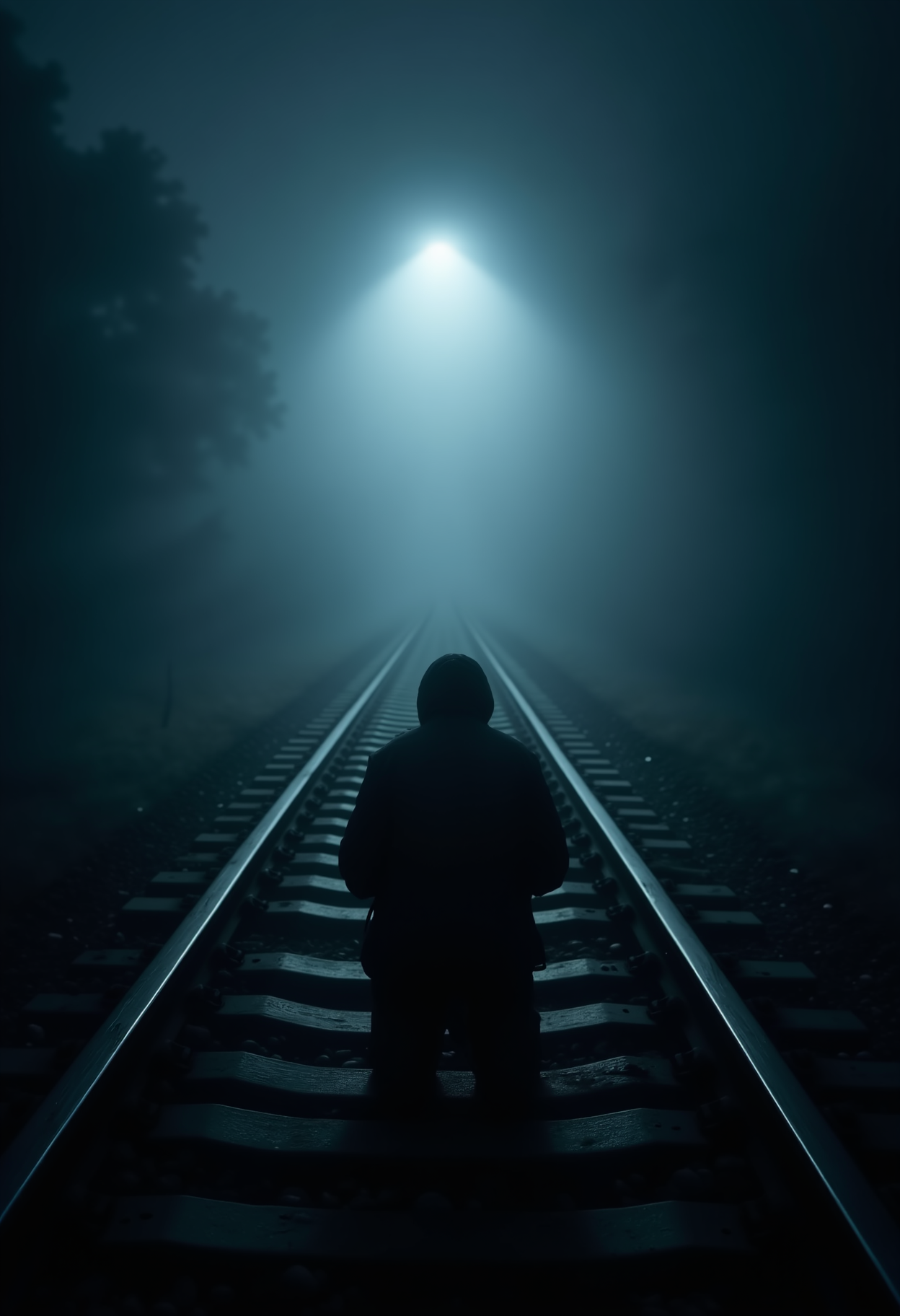 pitch black foggy darkness, man kneeling on train tracks accepting his fate as he waits for the train to arrive <lora:Dever_Flux_Enhancer:0.5>