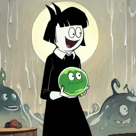 score_9, score_8_up, score_7_up BREAK CrepSus, 1girl, black hair, black bob cut, blunt bangs, black eyes, pale skin, black bow, white-collared long black dress, holding green slime, slime everywhere, happy, joyful,