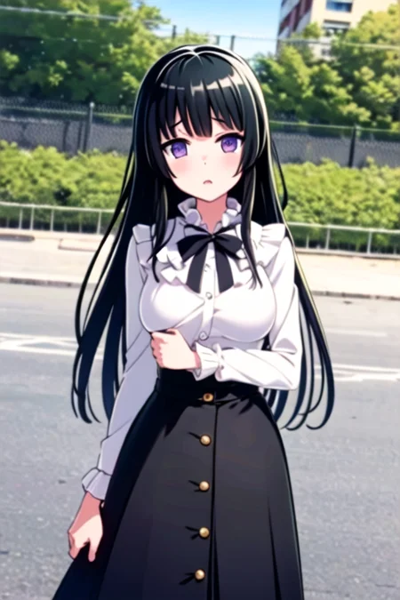 ((masterpiece, best quality)),very detailed, simple eyes,outdoors,1girl,medium breasts,<lora:rinko:1>,rinko shirokane, black_skirt, casual , breasts, frills, long_hair, long_sleeves, looking_at_viewer, purple_eyes,long skirt,black skirt