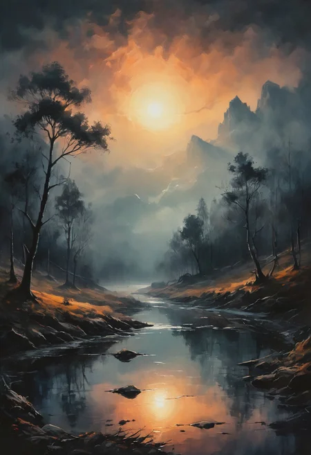 Magic, dark and moody landscape, in Gouache Style, Watercolor, Museum Epic Impressionist Maximalist Masterpiece, Thick Brush Strokes, Impasto Gouache, thick layers of gouache watercolors textured on Canvas, 8k Resolution, Matte Painting, highly detailed and hyper realistic photo, by Alena Aenami , by Archibald Thorburn , by Daniele Afferni ,  in the style of  monochromatic silhouette reflection,  limited dark palette, unusual dark colors, faded colors, atmospheric haze, highly dramatic cinematic lighting, motion blur, film grain,  professional, excellent composition, finest details, maximized details, ultimate detail level, masterpiece, best quality