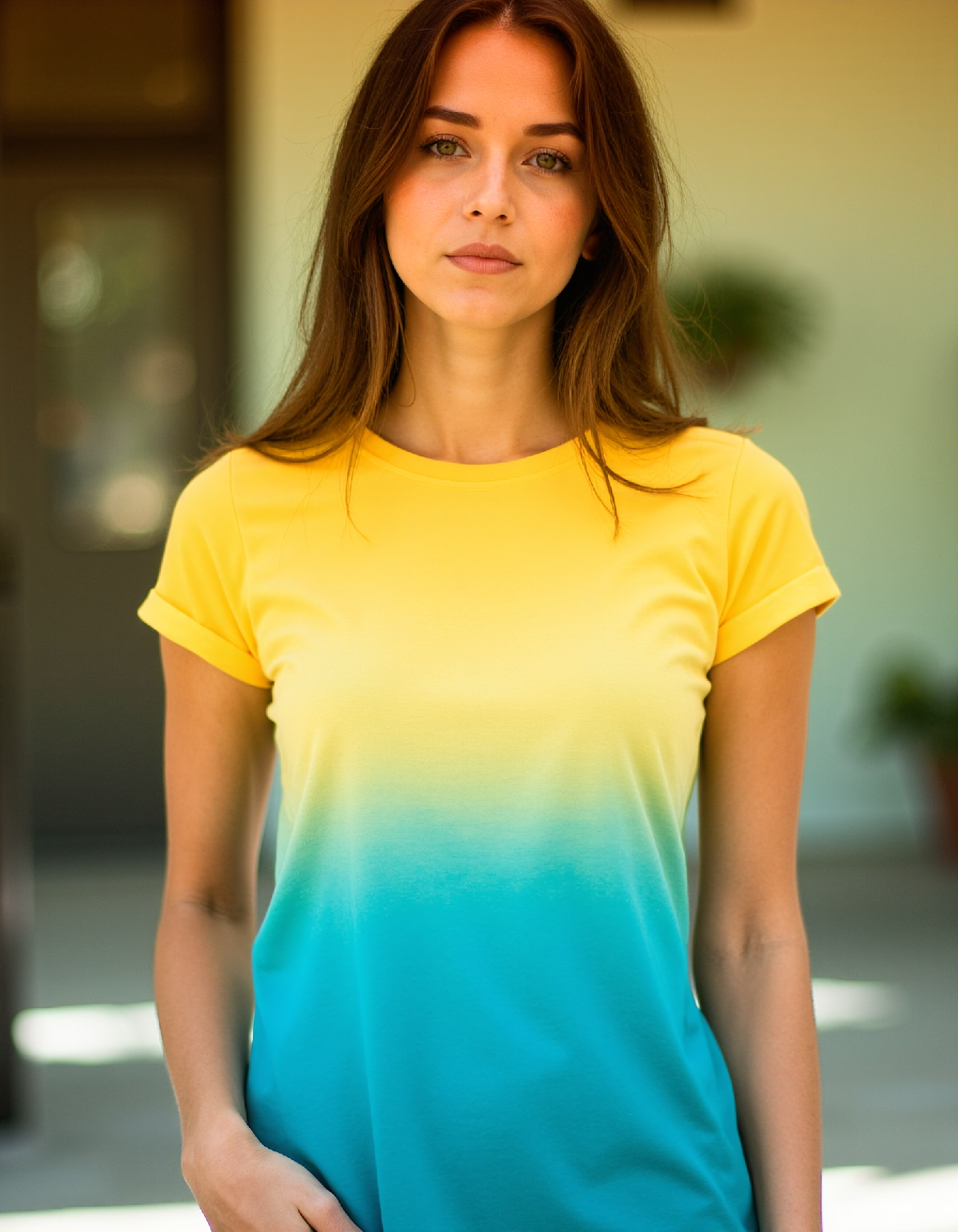 vintage nude.  The image depicts a woman wearing a t-shirt with a gradient from yellow at the top to blue at the bottom. The shirt appears to be short-sleeved, and the woman is standing against a blurred background, which suggests that the focus is on her attire rather than the environment around her.
The gradient of the shirt provides a pleasing visual effect, as it transitions smoothly from one color to the other. The t-shirt itself seems to be made of a soft fabric, and its design gives off a casual yet stylish vibe.
In terms of lighting, it appears that the woman is standing in natural light, which might suggest that she is outdoors or in a well-lit indoor space. The depth of field in the image is shallow, with the background being blurred, which puts emphasis on the t-shirt and the woman wearing it.
To improve the visual impression and make the final image look better when using a Flux diffusion model, one could consider adding more contrast to the gradient of the shirt, as well as adjusting the lighting in the background to create a more dynamic backdrop that complements the colors of the t-shirt. Additionally, playing with different textures for the t-shirt fabric could add an extra layer of visual interest to the image.