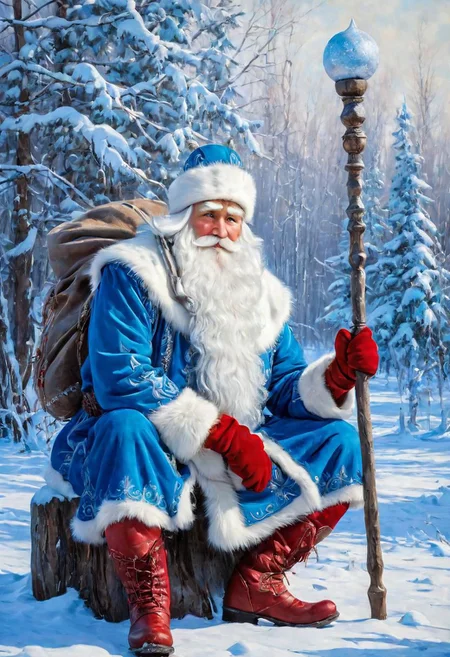 masterpiece, best quality, oil painting, blue tones,  DedMoroz, 1boy, stern face of an old man, thick eyebrows, kind eyes, long beard, sitting on stump, large canvas bag with gifts at his feet, (red high boots:1.5), frozen, ice, magic staff, Russian village in the background, snow, frost and sun, wonderful day, ultradetailed, <lora:DedMoroz:1>,  <lora:add-detail-xl:0.9>