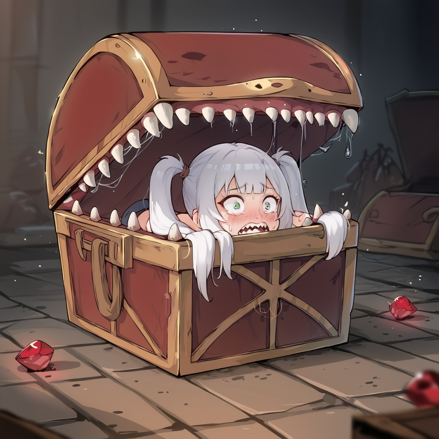 frieren trapped by mimic chest,scared,mimic chest,white hair,twintails,<lora:mimic_chest_ponyxl_v9:0.8>,<lora:merrytail_pony_v1:0.8>,ass,cover,gemstones,magic books,face focus,green eyes,