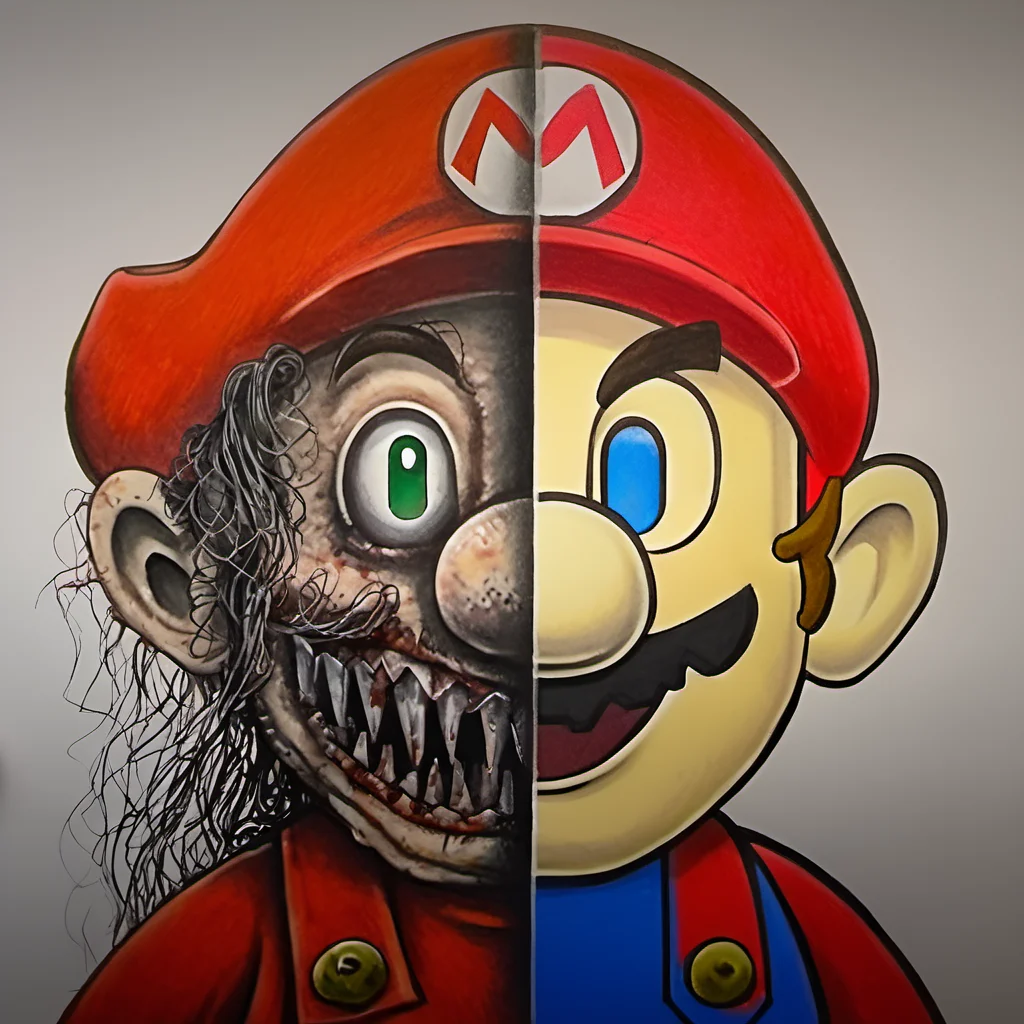 A drawing of Super Mario, in the style of JordanPersegati, split style drawing, ghoul, covered in hair, smiling, rotten, horror, white background  <lora:Jordan_Persegati_V2:1>