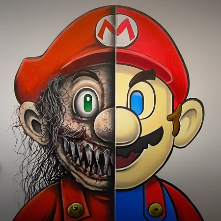 A drawing of Super Mario, in the style of JordanPersegati, split style drawing, ghoul, covered in hair, smiling, rotten, horror, white background <lora:Jordan_Persegati_V2:1>