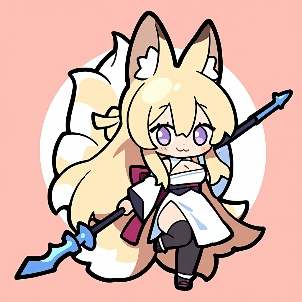 1girl, 
solo, simple background, white background, chibi, full body, pose, black legwear, blonde hair, smile, standing, multiple tails, large breasts, holding, cleavage, dress, animal ear fluff, :3, animal ears, polearm, fox ears, white dress, purple eyes, fox girl, breasts, sidelocks, long hair, holding weapon, large tail, standing on one leg, tail, hair between eyes, holding polearm, blush stickers, detached sleeves, closed mouth, looking at viewer, weapon,
masterpiece, best quality, very aesthetic, newest, absurdres, incredibly absurdres
 <lora:luodedaonoob-000006:1>