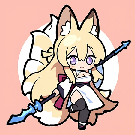 1girl,
solo, simple background, white background, chibi, full body, pose, black legwear, blonde hair, smile, standing, multiple tails, large breasts, holding, cleavage, dress, animal ear fluff, :3, animal ears, polearm, fox ears, white dress, purple eyes, fox girl, breasts, sidelocks, long hair, holding weapon, large tail, standing on one leg, tail, hair between eyes, holding polearm, blush stickers, detached sleeves, closed mouth, looking at viewer, weapon,
masterpiece, best quality, very aesthetic, newest, absurdres, incredibly absurdres
<lora:luodedaonoob-000006:1>