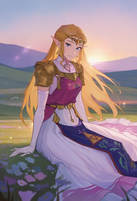1girl, solo, outdoors, hill, sunset, lens flare, sitting, on ground, grass, flower, looking at viewer, smile,
blonde hair, long hair, sidelocks, blue eyes, pointy ears, gold tiara, earrings, gold armor, shoulder armor, long dress, white dress, magenta tunic, sleeveless tunic, tabard, elbow gloves, white gloves,
masterpiece, best quality <lora:AmiThompson-adafactor-guy90:1>, nosima, <lora:ootzelda-illu-nvwls-v1:1>, ocarzld