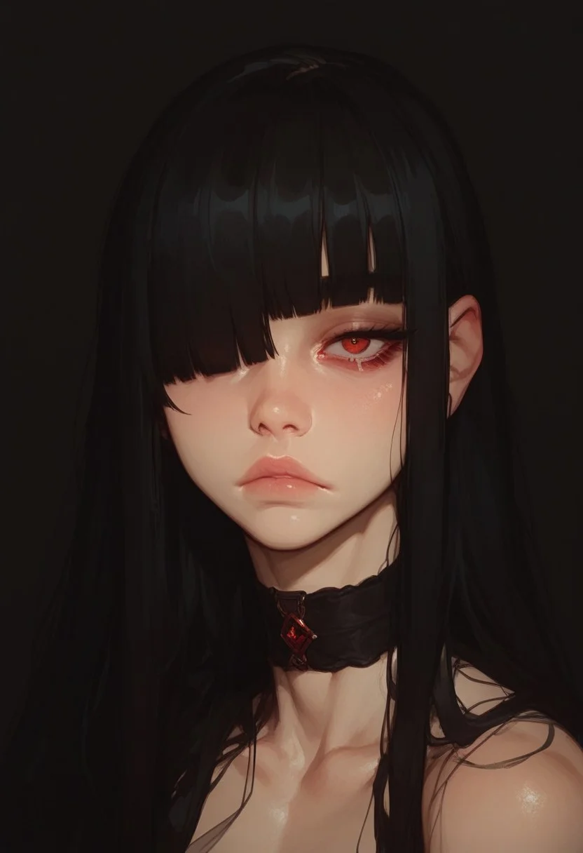 (score_9, score_8_up, score_7_up), 1girl, 20 years old, black hair, slim, straight hair, blunt bangs, hair over one eye, long hair, red eyes, choker, (bored eyes:0.9), scornful look, face, neck, portrait, close up, extreme closeup, black background,