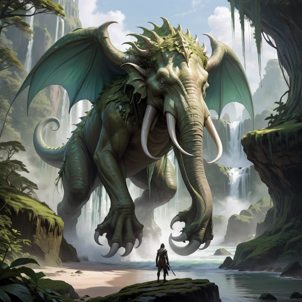 famous artwork (by magali villeneuve:1.1), detailed expressive eyes, fantasy style, behold the magnificent and wondrous crested glugFlayer, seen here with its iridiscent green snugglequark gracefully striding on his enormous legs through his habitat on planet new flimflam, its every owgelwarbly graceful move casting waves of wonder, in the background its natural environment consisting of keneytoring islands and sparkling pizzled waterfalls is shown <lora:add-detail-xl:2>