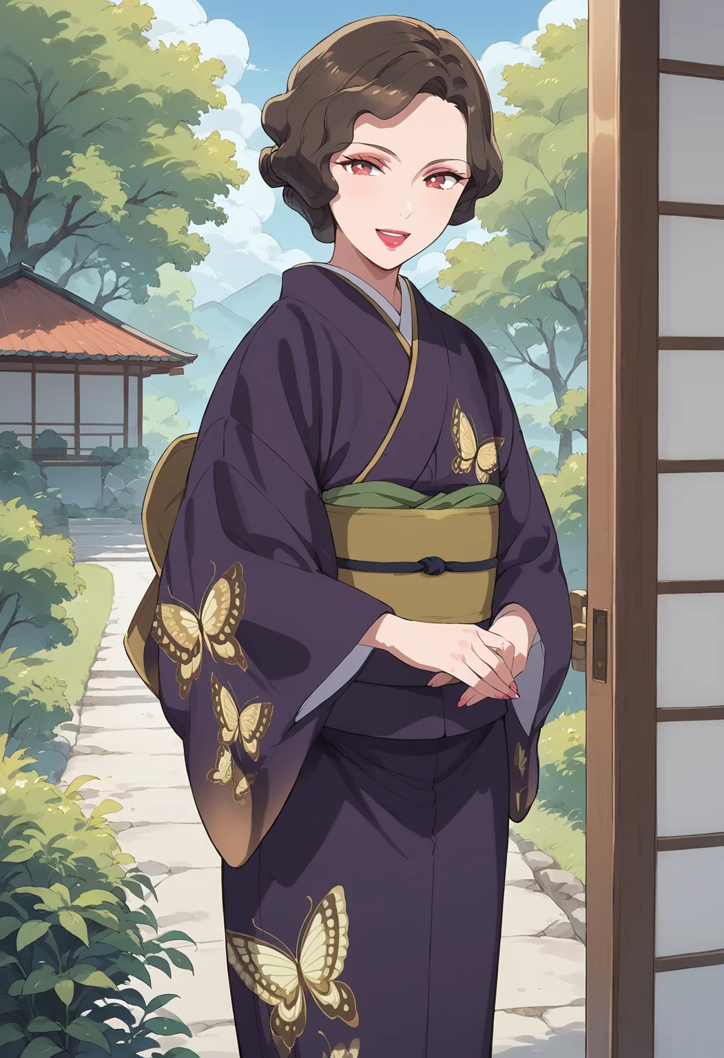score_9, score_8_up, score_7_up, , score_ANIME , saimorikanoko, 1girl, print kimono, solo, short hair, smile, obi, brown hair,, eyeshadow, butterfly print, looking at viewer, purple kimono, red eyes, standing, wide sleeves, long sleeves, lipstick, curly hair <lora:saimorikanoko_pony:0.9>mature female, cowboy shot, sliding doors, single hair bun, open mouth, tree, rock