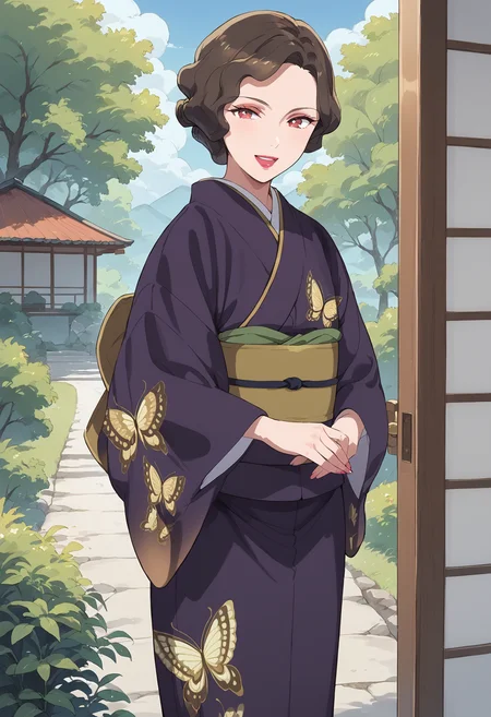 score_9, score_8_up, score_7_up, , score_ANIME , saimorikanoko, 1girl, print kimono, solo, short hair, smile, obi, brown hair,, eyeshadow, butterfly print, looking at viewer, purple kimono, red eyes, standing, wide sleeves, long sleeves, lipstick, curly hair <lora:saimorikanoko_pony:0.9>mature female, cowboy shot, sliding doors, single hair bun, open mouth, tree, rock