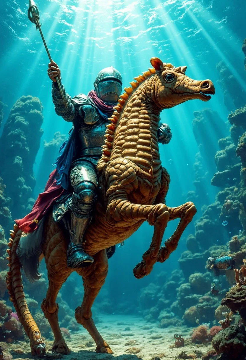 A fantastical photo of an underwater scene, with beams of light coming from the surface. Depicted is a knight in shiny colored plate armor. The knight is sitting on a giant seahorse. The seahorse, Hippocampus hippocampus, is a aquatic creature. He is participating in a jousting tournament and is carrying a lance. In the background is an audience of fish sitting on wooden benches cheering on.