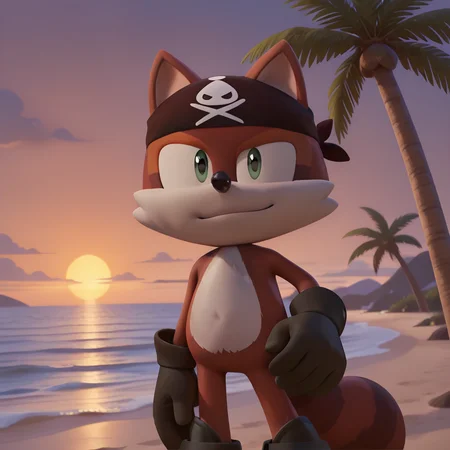 <lora:Jack_the_Raccoon_Sonic_Prime_-_Illustrious:1> 1boy, Jack, gloves, Bandana, boots, smirk, looking at viewer, ocean, beach, palm trees, sunset, portrait, masterwork, masterpiece,