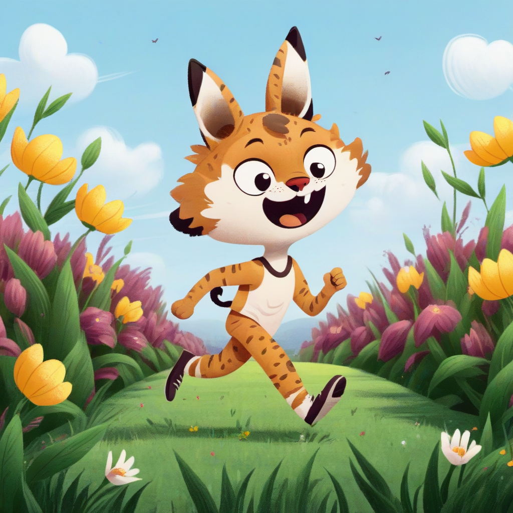 a Bobcat kid character running in flower field <lora:COOLKIDS_XL_0.3_RC:1.0>