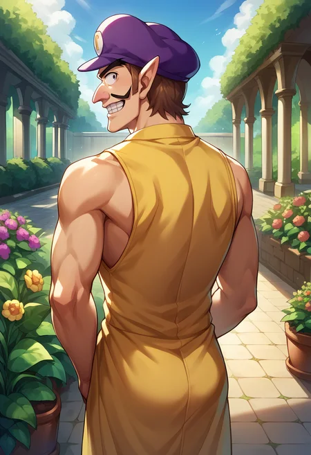 score_9, score_8_up, source_anime, 1boy, solo, Waluigi, mustache, teeth, pointy ears, brown hair, hat, purple headwear, from behind, yellow sundress, sleeveless, back, garden, day, sunshine, smile, looking back, <lora:ChamWaluigiPonyXL:1>