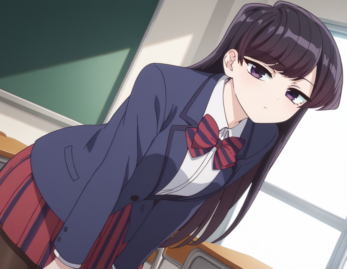 score_9, score_8_up, score_7_up, source_anime,
shoukokomi, <lora:shouko-komi-s1s2-ponyxl-lora-nochekaiser:1>,
shouko komi, long hair, bangs, black hair, black eyes, half-closed eyes,
skirt, shirt, long sleeves, bow, school uniform, jacket, white shirt, pantyhose, pleated skirt, striped, collared shirt, bowtie, red skirt, blazer, blue jacket, striped bow, striped bowtie,
indoors, classroom, bent over,
looking at viewer, cowboy shot, dutch angle, solo,