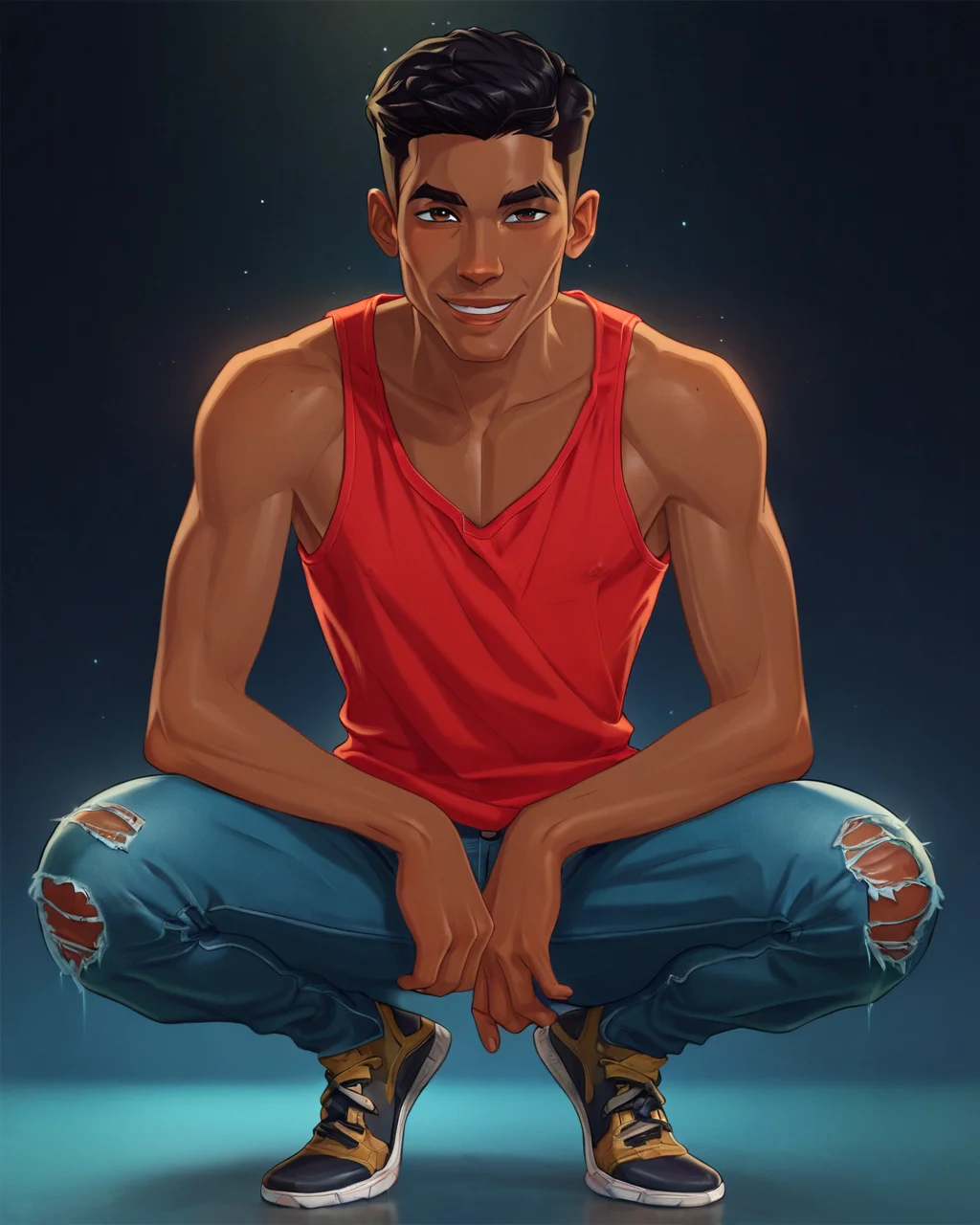 score_9, score_8_up, score_7_up, intricate details, rating_questionable,
<lora:ZaneNox:0.8>, ZaneN0x,
1boy(twink,
dark brown skin, black hair, african features, nigerian,
loose red sleeveless shirt, jeans, seductive smile,
full body, squatting,
front view,
solo, looking at the viewer),
black background,
<lora:ral-chrosc-clr:0.5>, ral-chrosc-clr,
<lora:Expressive_H:0.5>, Expressiveh,
<lora:xl_more_art-full_v1:0.3>,
<lora:add-detail-xl:0.3>