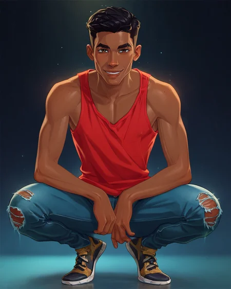 score_9, score_8_up, score_7_up, intricate details, rating_questionable,
<lora:ZaneNox:0.8>, ZaneN0x,
1boy(twink,
dark brown skin, black hair, african features, nigerian,
loose red sleeveless shirt, jeans, seductive smile,
full body, squatting,
front view,
solo, looking at the viewer),
black background,
<lora:ral-chrosc-clr:0.5>, ral-chrosc-clr,
<lora:Expressive_H:0.5>, Expressiveh,
<lora:xl_more_art-full_v1:0.3>,
<lora:add-detail-xl:0.3>