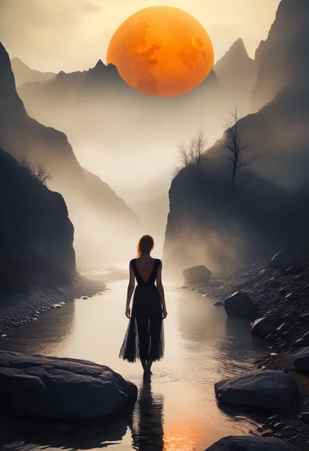 An atmospheric surreal landscape featuring a mysterious woman standing on rugged rocky terrain, facing a large glowing orange sun low on the horizon. In front of the woman is a water stream shrouded by mist. The sun appears to be drowning in this misty stream.
BREAK,
The scene is set in a narrow valley with towering rocky mountains in the background, shrouded in mist. Soft, diffused lighting creates a dreamlike ambiance, with a moody overcast sky. The water below reflects the orange glow of the sun, adding subtle illumination to the rocky foreground.
BREAK,
The (woman's silhouette is prominent, with a dark, flowing dress, standing still) as she gazes at the glowing sun. Wide depth of field, with soft shadows and a balanced exposure to enhance the contrast between the mist, sun, and mountains, photography in the style of Guy Aroch, Chiaroscuro Lighting Style