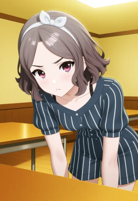<lora:TOMO_v2_illustrious-000040:1>,(best quality:1.1),ultra-detailed,high resolution,super detailed skin,beautiful detailed eyes,8k,sharp focus,beautiful,beautiful eyes,anatomically correct,extremely detailed eyes,smooth edges,beautiful face,symmetrical eyes,
GBC_TOMO,1girl,blue vertical striped shirt,blue vertical striped shorts,brown hair,solo,hairband,short hair,short sleeves,indoors,looking at viewer,frown,closed mouth,table,white hairband,leaning forward,:<,blush,standing,wavy hair