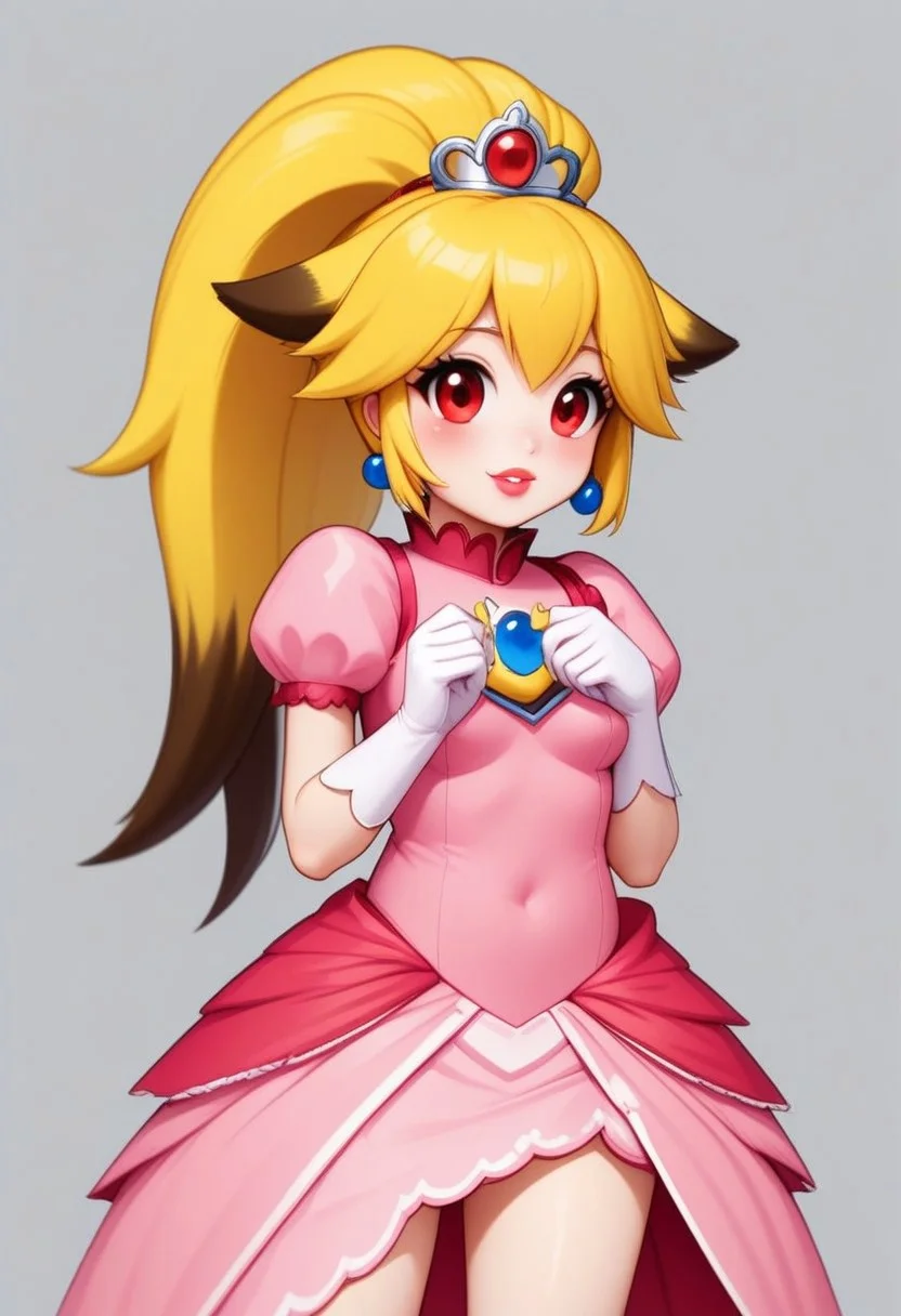 Xiaomu, Blonde, ponytail, red eyes, multicolored hair, brown hair tip, 5tails, animal ears, small breast, princess peach outfit, cosplay
