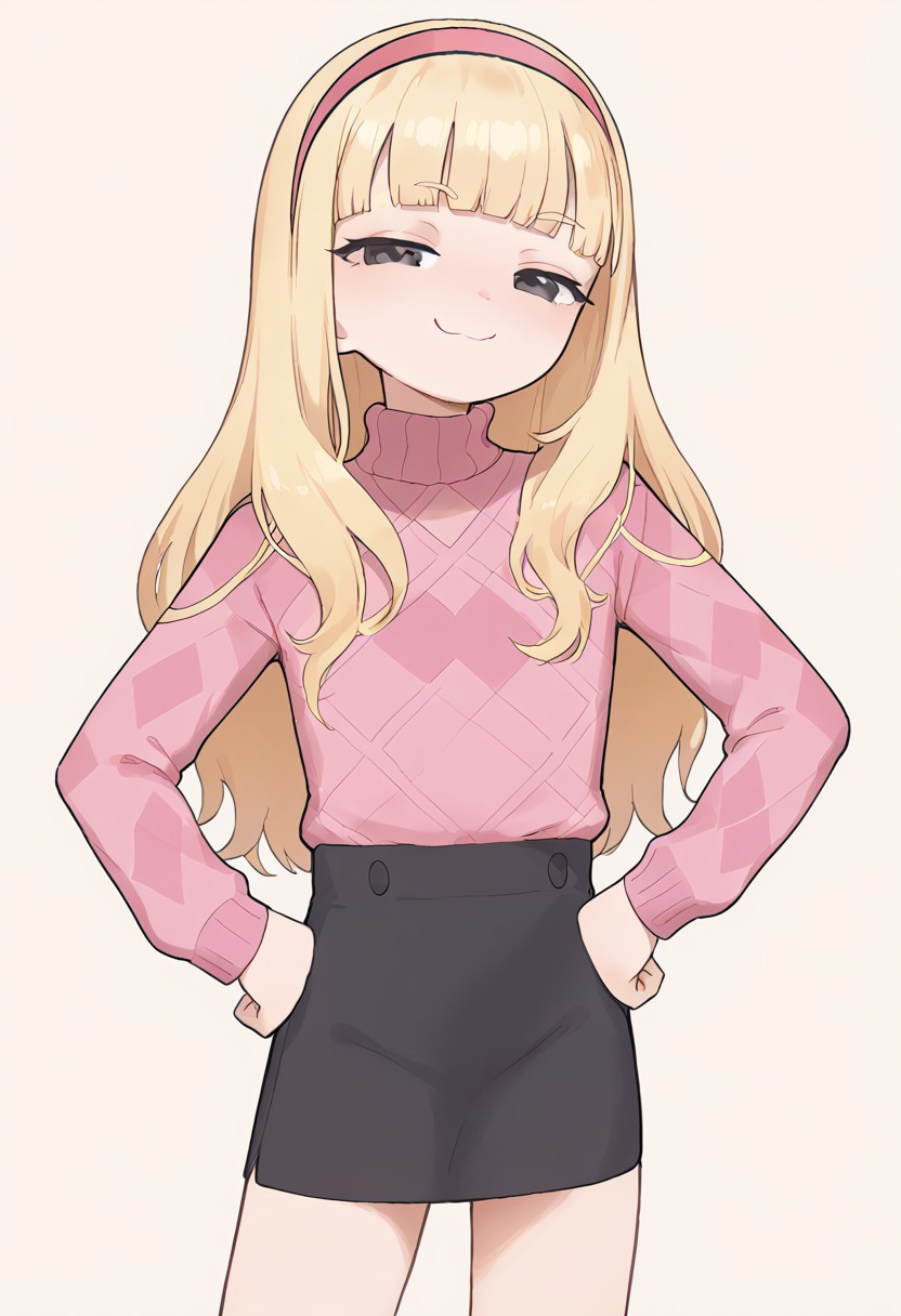 score_9, score_8_up, score_7_up, score_6_up, 
1girl, kendall perkins, blonde hair, blunt bangs, black eyes, long hair, pink hairband, argyle sweater, long sleeves, black skirt, perfect hands, smug, posing, flat chest, solo, simple background, half closed eyes, hands on hips