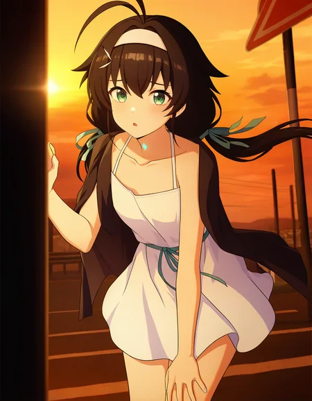 (summer dress:1.2),road_sign,wind,looking at viewer,thighs,
<lora:faniya_noob2:0.75>,faniya,1girl,solo,2dfaniya,green eyes,black hair,hairband,twintails,ribbon,hair ribbon,bangs,antenna hair,ahoge,collarbone,low twintails,long hair,dusk,anime screencap,cowboy_shot,embarrass,Pouted lips,leaning_forward,
masterpiece,best quality,very aesthetic,absurdres,