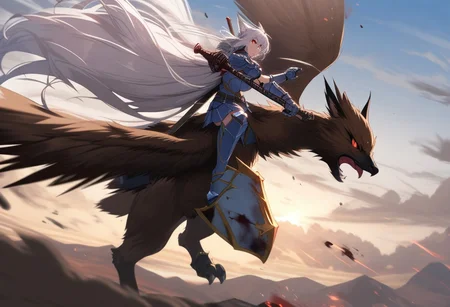 SKY, CLOUDS, MOUNTAINS BACKGROUND, HIGH SPEED, 1girl, fox girl, big breast,  blood stains, bandaged hands AND FEETS, floating hair, bruises, red eyes, white hair,  absurdly long hair, LIGHT BLUE WIND ARMOR, ATTACK POSITION, HOLDING A BIG AXE, FLYING ON THE BACK OF A GIANT BROWN EAGLE