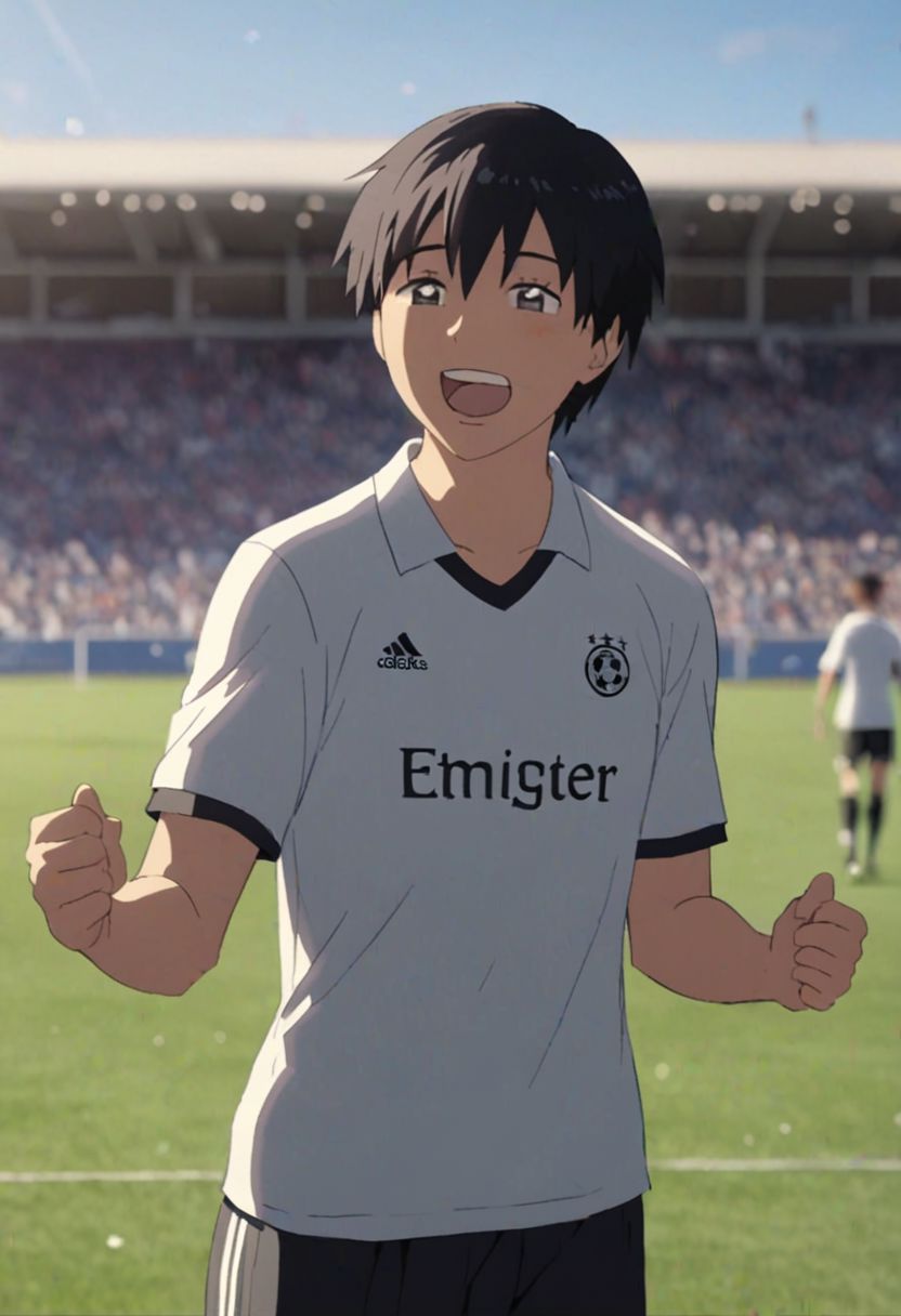 Highres, Masterpiece, High Quality, 4K, 8K, solo, 1Boy, Takaki Toono, adult, black hair, short hair, Soccer Boy, soccer player, field, happy, tired, celebration, sunny day, easynegative, detailed_eye_model