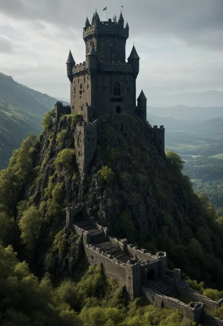 <lora:TheWeirdies_epoch_10:0.78>, epiCPhotoGasm-colorfulPhoto  , advntr ,
score_9, score_8_up, score_7_up, score_6_up
Durlag's Tower was a large tower that was said to be haunted by a powerful entity, as well as one that housed immeasurable treasure. ((game of thrones aesthetic, cinema still from dynamic scene, sweeping vista overlook)),, son of Bolhur the Clanless,  Many adventurers sought his treasure over the decades, with varying degrees of success. Around 1372 DR, rumors said a fiend had taken up residence within the remains of the tower and used the defenses created by Durlag to keep both itself and the treasure safe. Some claimed that this creature was a lich.
no humans
((massively large towering fortress, dark woods surround, built of volcanic stone, mountain, dark, ballistas on the battlements))