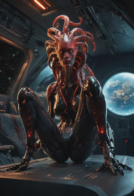 score_9, score_8_up, score_7_up, 1alien girl, transparent upper body, robotic legs, octopus hair, (snake skin face  texture:1.1), in alien space craft, lots of screens, red glowing light, sitting on a pilot's seat, 
full body shot, from below, hard shadows, dark mood, science fiction, epic, cinematic shot, dutch angle,