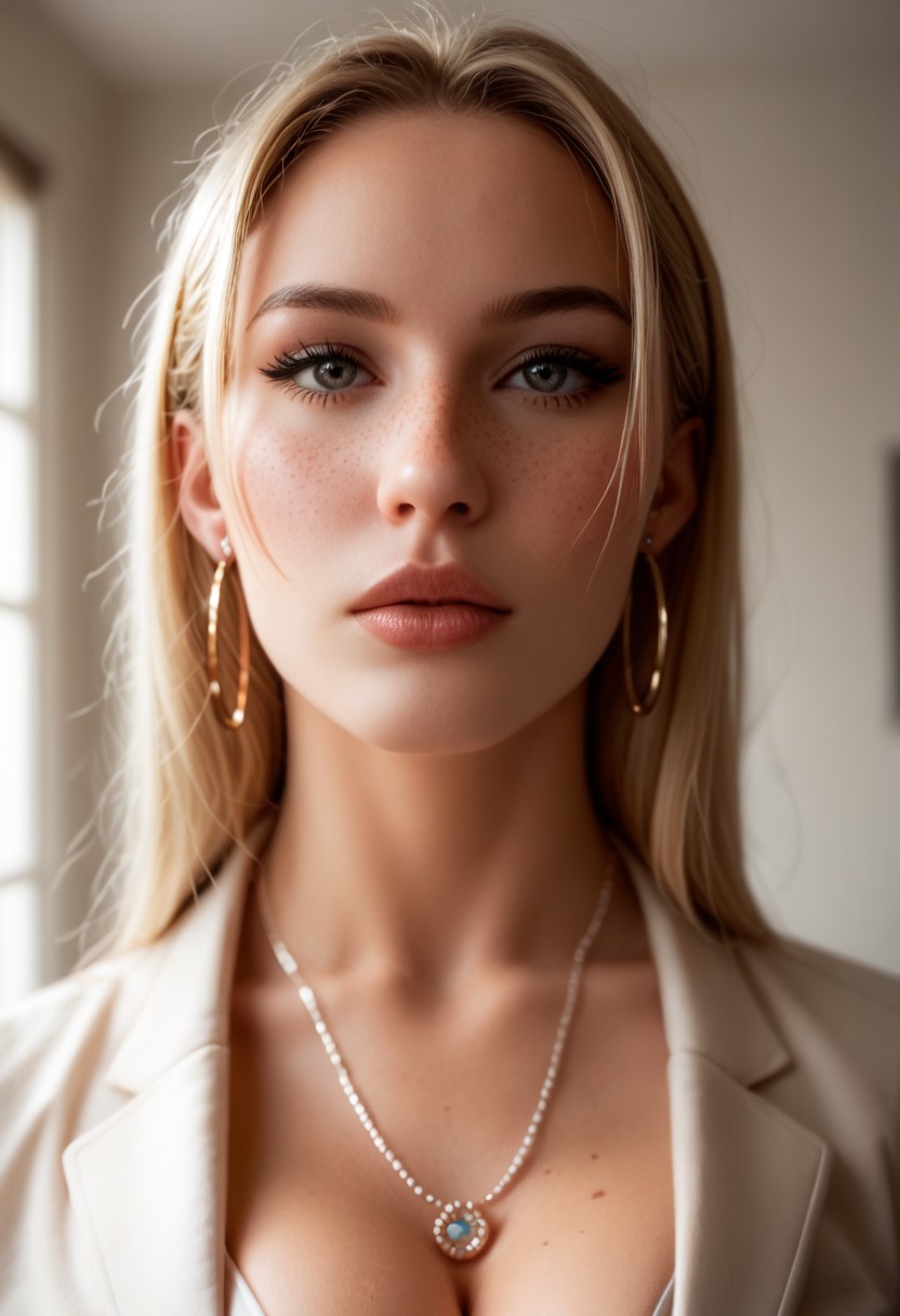 score_9, score_8_up, score_7_up, score_6_up, 1girl playful, mouth slightly open, ((perfecteyes)), (close up shot), ((face shot)), (facial photo), a bright meeting room, blonde hair, long intricate hair, pale skin, freckles, face focus, very large fake breasts, round tits, natural skin, blazer, ((pencil skirt)), necklace, jewelry, hoop earrings, rings, legs crossed, very tall white high heels, low light, seductive, supermodel, gorgeous, depth of field, shadows, dramatic lighting,  candid, perfect eyes, fluorescent lighting, natural light, light particles,