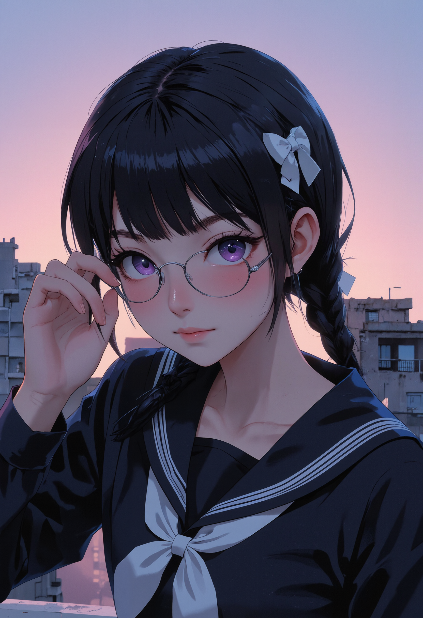 p0st_1mp4ct style, Niji Stan Katayama Style, 1girl, solo, long hair, looking at viewer, blush, bangs, shirt, black hair, bow, ribbon, closed mouth, school uniform, purple eyes, hair ribbon, upper body, braid, hair bow, sidelocks, touching glasses, serafuku, sailor collar, black shirt, single braid, black bow, black-framed eyewear, black sailor collar, black serafuku, rooftop background, dusk, <lora:Evangelion_Post-impact_Apocalyptic_Style_Flux.1_D_by_AutoPastel-000019:0.50> <lora:Hand v2:0.76> <lora:Dark_Gray_Photography_flux:0.21> <lora:Niji B:0.88> <lora:Flux_Japanese_JK_SchoolUniform_style1_v2:0.70>