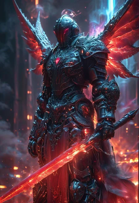 masterpiece,ASCII,8k.absurdes,intricate,maximum resolution, hyper detailed, Mirage pureerosface_v1,DonMn1ghtm4reXL,glow, fog, obsidian armor with red ruby, , details, hellgate london themed,demoniac armor, , force huge demoniac wide wings, glowing wings, energy wings,