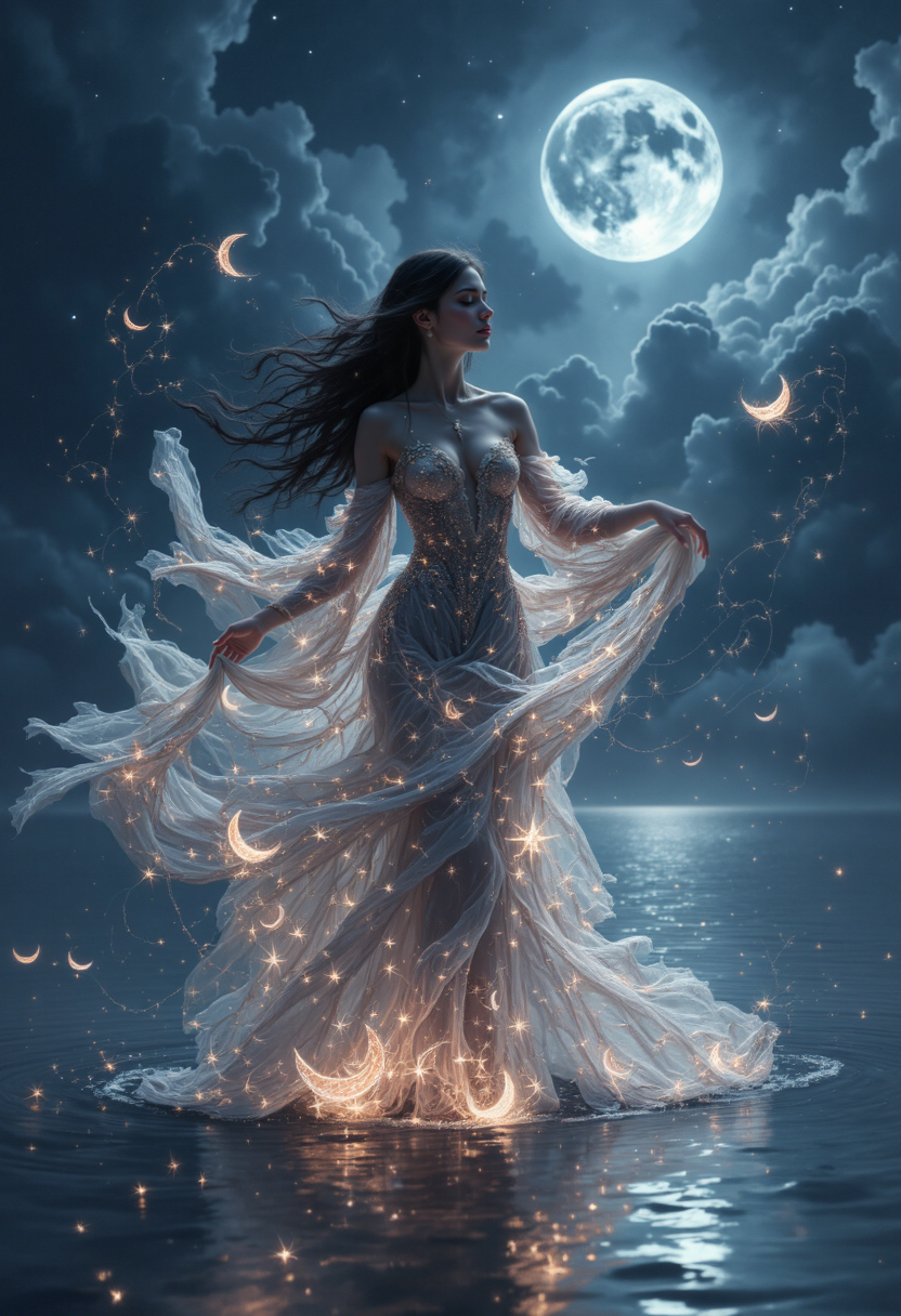 surrealist art An ethereal, high-detail digital painting of a serene, beautiful young woman with long, flowing dark hair, dancing gracefully on a still, reflective water surface under the moonlight to classical music . She wears a delicate, sheer gown that glimmers with soft, celestial light, as if woven from stardust, adorned with crescent moons and musical notes that glow softly, evoking a dreamlike, otherworldly atmosphere. Her expression is calm and introspective, with eyes cast down in a meditative state. she is surrounded by magical glowing musical notes that swirl around her. The full moon glows brightly in the sky, illuminating the scene with a soft, silvery-blue light. Small sparkling stars and crescent moons float around her, and the water beneath reflects her radiant, ethereal beauty, blending the scene with gentle ripples. The overall mood is magical, melancholic, and serene, capturing the essence of a classical nocturne
. dreamlike, mysterious, provocative, symbolic, intricate, detailed . High dynamic range, vivid, rich details, clear shadows and highlights, realistic, intense, enhanced contrast, highly detailed
<lora:aidmaFLuxPro1.1_v0.3:0.7> <lora:FLUX-daubrez-DB4RZ-v2:0.5> DB4RZ <lora:FredFraiStyle-FLUX-Share:0.8>