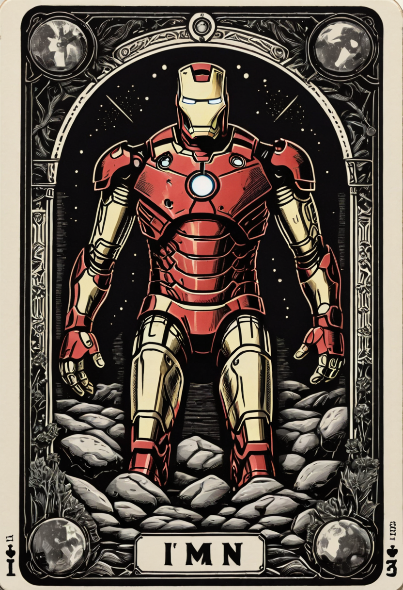tarot_card, Ironman, front perspective, flat, frame,( square:1.1), (white outline:1.2)  <lora:tarot_card:1>