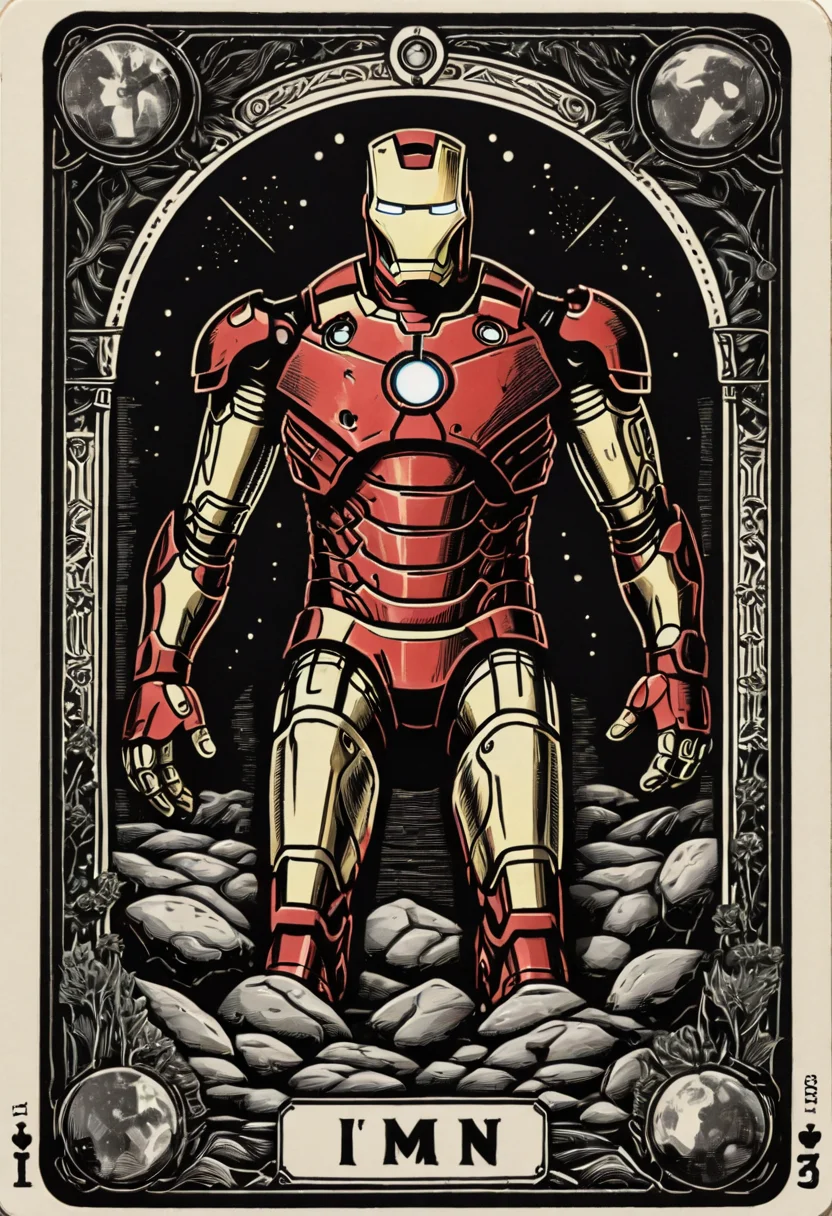 tarot_card, Ironman, front perspective, flat, frame,( square:1.1), (white outline:1.2) <lora:tarot_card:1>