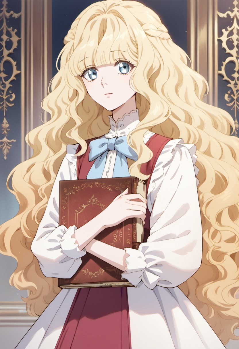 score_9, score_8_up, score_7_up, source_anime, elianna bernstein, blonde hair, long hair, blue eyes, 1girl, solo, book, dress, wavy hair, holding, very long hair, looking at viewer, holding book